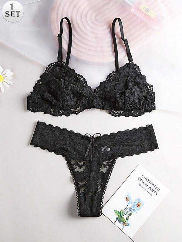 Aofeiqike European&American Deep V Ultra-Thin Seamless White Lace Sexy Open Back Wireless Bra Set With Elegant Panty For Women