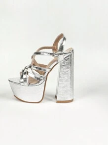Color-Block Women's High Platform Silver Sandals, Thick Heels And Peep-Toe Buckle Strap Sandals