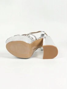 Color-Block Women's High Platform Silver Sandals, Thick Heels And Peep-Toe Buckle Strap Sandals