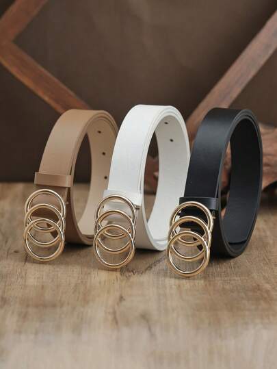 1 件女式三环扣 PU 皮革腰带，百搭时尚配饰，适合牛仔裤、连衣裙、休闲装夏季、秋季、万圣节