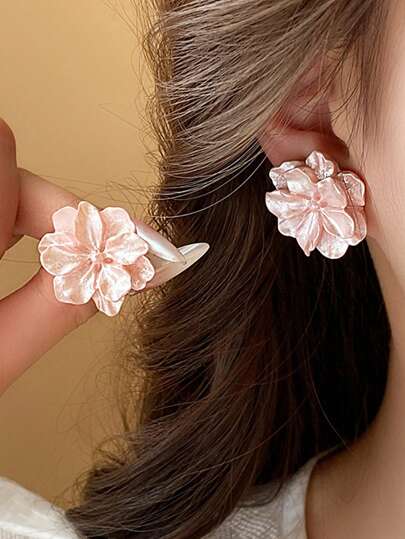 1 对粉色花朵心形耳钉，3D 矢车菊耳环，超甜美温柔珠宝情人节、妈妈、母亲、母亲节、礼物