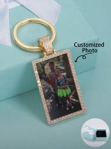 個性化彩色照片寶石鑲嵌方形鑰匙扣，適用於父親節、母親節、情人節、生日、週年慶、聖誕節、畢業禮，家庭和朋友的高端禮物。 - 銀色 - 查看 1