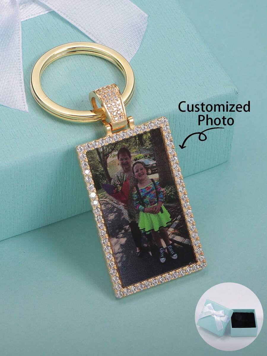 個性化彩色照片寶石鑲嵌方形鑰匙扣，適用於父親節、母親節、情人節、生日、週年慶、聖誕節、畢業禮，家庭和朋友的高端禮物。 - 銀色 - 查看 1