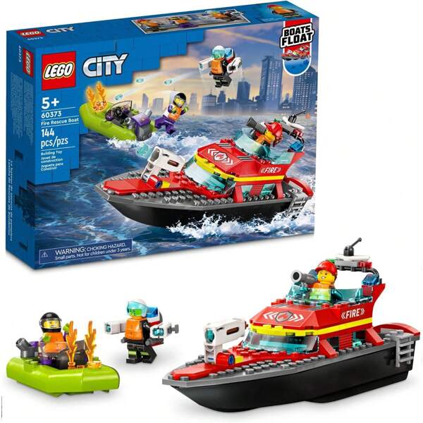 LEGO Barcă de salvare a pompierilor City 60373, Jucărie plutește pe apă, Cu Jetpack, Dinghy și 3 minifigurine, Jucării erou de zi cu zi pentru copii, băieți și fete cu vârsta peste 5 ani, cadou de Crăciun