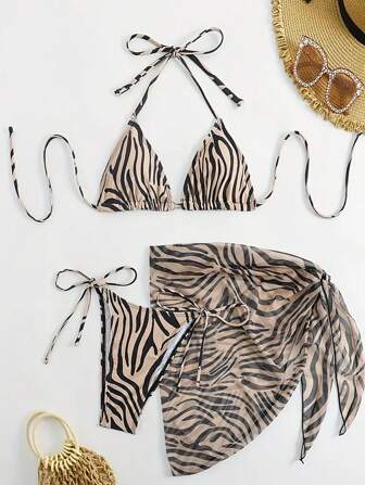 Women's Summer Beach Zebra Print Neck Tie Sexy Bikini Set With Cover-Up Skirt