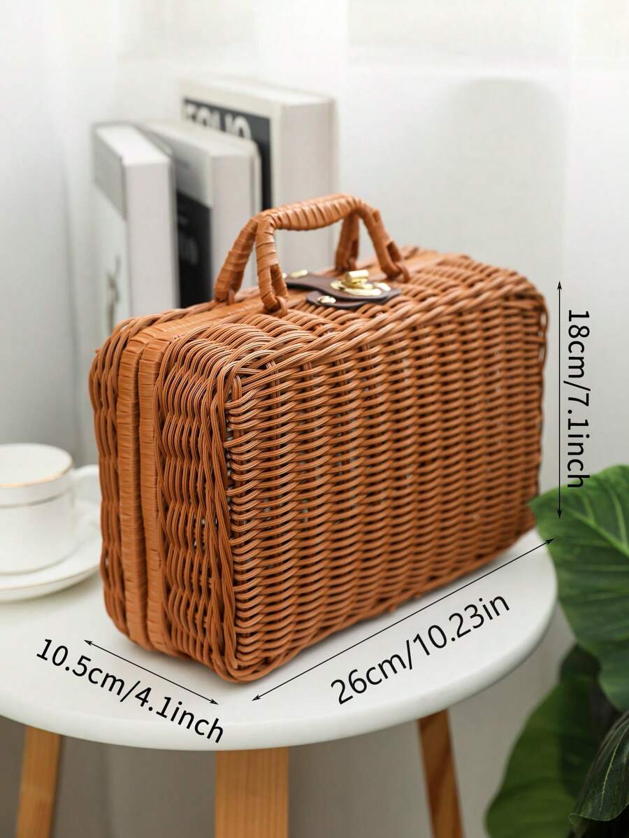 1pc Woven Vintage Plastic Wicker Suitcase Rattan Suitcase With Leather
