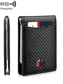 MIYIN 阻挡男女通用碳纤维钱包简约多功能超薄双折信用卡夹便携式前袋男士钱包带夹子和信用卡槽（碳纤维黑）男士钱包钱包小钱包男士钱包皮革射频识别钱包 - 黑色 - 查看 2