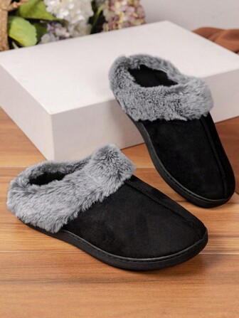 女士保暖拖鞋，室内/户外毛茸茸一脚蹬防滑软底男士拖鞋