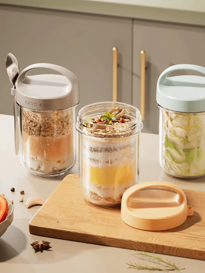 1 Stück Obstsalattasse mit Löffel und Deckel, Joghurtbecher für Frühstück oder Mittagessen Haferbrei, tragbare Milchtasse, Reisebecher, Henkel zum leichten Tragen, Löffel zum Essen jederzeit, Fassungsvermögen: 430ml, Schulmaterial