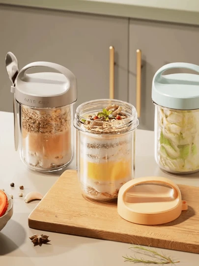 1 件水果沙拉杯，带勺子和盖子，早餐或午餐燕麦酸奶杯，便携式牛奶杯，旅行杯，方便携带的手柄，随时用餐的勺子，容量：430 毫升，学校用品