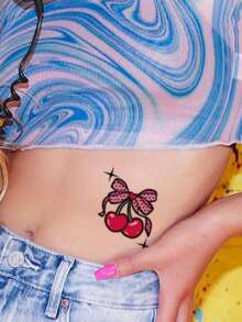 1入組可洗式暫時性貼紙紋身貼紙，PVC材質，可愛的少女風粉色櫻桃、草莓和粉色蝴蝶結，適用於潮人 - 彩色 - 查看 3
