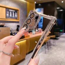 1pc Silver Electroplated Airbag Anti-Fall Space Case With Built-In Lens Film, Acrylic Transparent Backboard + TPU Silicone Soft Edge PC Hard Shell Full Coverage Luxury Phone Case Compatible With Apple, Galaxy, Dust-Proof Hole Edge Thickened Design - Silver - View 5