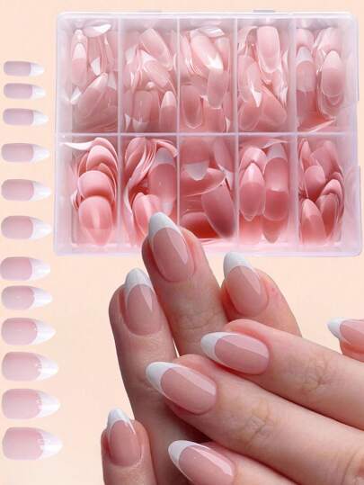 120 piezas Caja de uñas postizas de forma almendrada en color rosa y blanco francés. Uñas postizas de forma almendrada para niñas jóvenes, uñas acrílicas transparentes. Kit de uñas postizas de forma almendrada para regalo, uñas acrílicas transparentes y cuadradas, paquete de uñas postizas, suministros para uñas