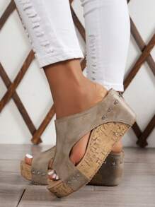 Dép Peep Toe cổ điển dành cho nữ, Giày cao gót nêm đế dày màu be/đen chống trượt ngoài trời/đi biển, giày cao gót thoải mái - Màu be - Xem 6