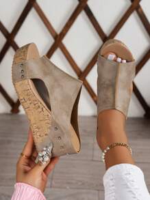 Dép Peep Toe cổ điển dành cho nữ, Giày cao gót nêm đế dày màu be/đen chống trượt ngoài trời/đi biển, giày cao gót thoải mái - Màu be - Xem 3
