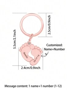 定制個性化名字與日期刻印的生辰石鑲嵌鑰匙扣，帶有足印，適用於父親節、母親節、情人節、生日、周年紀念、聖誕節、畢業典禮、家庭和朋友聚會等場合
