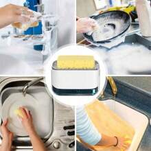 1 pieza Caja dispensador de jabón tipo de prensa,Dispensador de jabón de cocina tipo prensa con esponja, función de dispensación automática de líquido, ahorro de espacio y conveniente