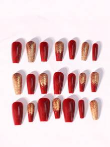 24 piezas Uñas postizas tridimensionales de color burdeos y dorado con forma de bailarina y polvo dorado brillante, perfectas para bodas, longitud media-larga - Rojo - Ver 10