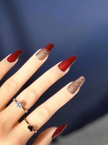 24 piezas Uñas postizas tridimensionales de color burdeos y dorado con forma de bailarina y polvo dorado brillante, perfectas para bodas, longitud media-larga - Rojo - Ver 5