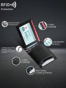 MIYIN 阻挡男女通用碳纤维钱包简约多功能超薄双折信用卡夹便携式前袋男士钱包带夹子和信用卡槽（碳纤维黑）男士钱包钱包小钱包男士钱包皮革射频识别钱包 - 黑色 - 查看 5