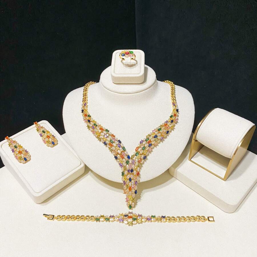 女士奢华珠宝套装，镀金镶嵌彩色宝石的女士晚礼服珠宝套装，项链，耳环，戒指，手链套装，铜镀 AAA 锆石，优雅，高贵，女王风格，新娘婚礼珠宝套装 - 套裝 - 查看 1