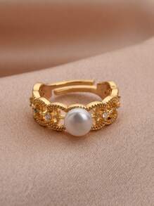 1 Stück 18 Karat vergoldeter Ring mit natürlicher Perle & kubischem Zirkonia, verstellbar für Frauen