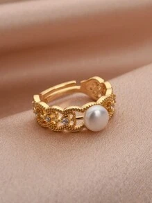 1 Stück 18 Karat vergoldeter Ring mit natürlicher Perle & kubischem Zirkonia, verstellbar für Frauen