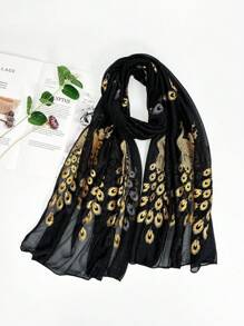 1pc Ladies Beach Accessories Solid Color Classic Breathable Peacock Pattern Gold-Stamped Scarf, Suitable For Beach Parties Christmas - Multicolor - View 14