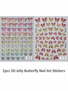 2入組5D果凍蝴蝶指甲貼紙，閃亮明亮設計的3D自粘凝膠滑塊美甲裝飾DIY - 彩色 - 查看 3