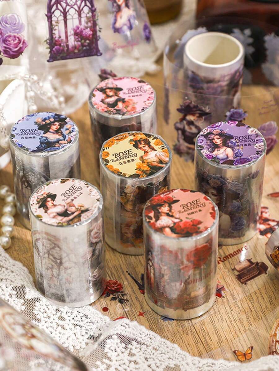 1 rollo de cinta PET troquelada, patrón de onda de rosa, pegatinas retro de personas y niñas para cinta decorativa de material para DIY Journaling - Multicolor - Ver 1