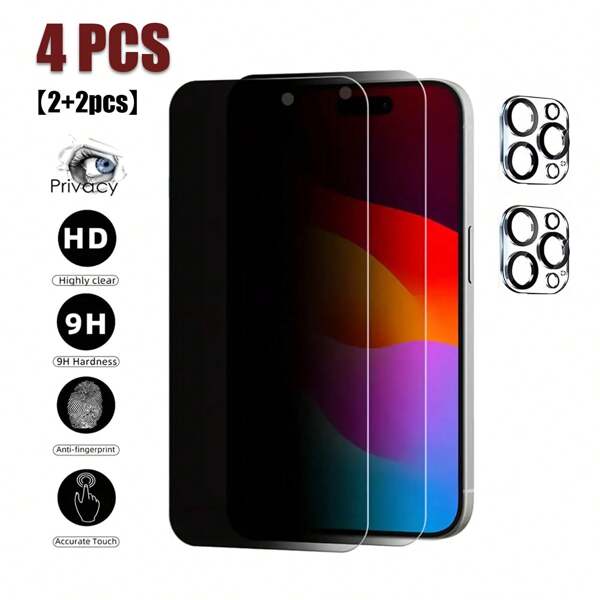 4 piezas/set Protector de pantalla de privacidad + Protector de lente de cámara de cobertura completa compatible con Iphone 11/12/13/14/15 Pro Max