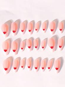 24 piezas de uñas postizas con forma de corazón rosa para manicura francesa con borde blanco, uñas falsas simples y removibles, longitud mediana y lindas pegatinas de arte de uñas 3D - Rosa Pálido - Ver 7