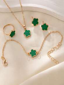 简约时尚 4 件装三叶草和五瓣花首饰套装（项链、耳环、手链、戒指）情人节 - 彩色 - 查看 10