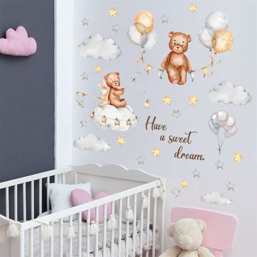 Cartoon Goodnight Little Bear, Moon Cloud Star Decoration Wall Sticker, Bedroom Children's Room Living Room Background Wall Decoration Wallpaperbaby Shower Family Decorations Gifts