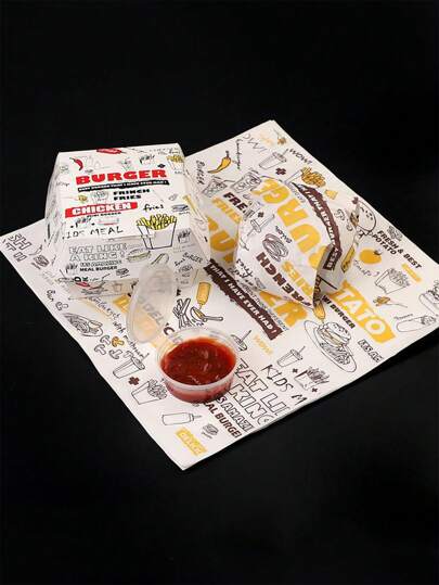50pcs/Pack, 30cm*30cm Hamburger & French Fries Print Grease-Proof Paper Liner, Food Serving Paper Pad