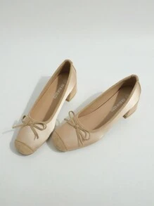 Square-Toe Slip-On Chunky Heel Women's Shoes, Versatile Bow Decor Flats, Fashionable Slip-On Design, Size Run Large - Champagne - View 2