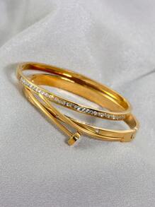 1 pièce Bracelet jonc en acier inoxydable pour bijoux raffiné, élégant et , orné de strass, convient pour un port quotidien pour femmes, une fête d'anniversaire, une réunion ou un cadeau de mariage - Doré - Voir 5