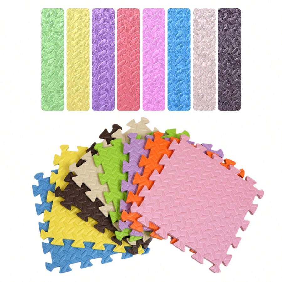 1/10 piezas, 30cm * 30cm Esteras de piso entrelazadas de EVA con franja de borde para sala de estar y dormitorio, tapete antideslizante para gatear, decoración del piso del hogar, a prueba de caídas / a prueba de humedad / a prueba de agua / a prueba de suciedad. Cada estera viene con una pieza de franja de borde.