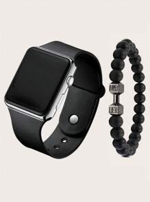 2 件/套时尚优雅方形儿童电子表黑色数字电子表带手链儿童礼物手表 - 黑色 - 查看 5