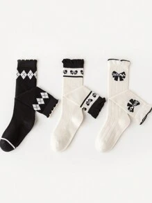 3双女童中筒袜，儿童长筒袜，纯色、撞色、多色、卡通蝴蝶结、菱形、条纹、荷叶边、公主风，中筒袜，夏季及四季皆宜，时尚可爱，百搭舒适，适合学生日常穿着，可搭配裙子、玛丽珍鞋，返校季，学生，新学期，开学季 - 彩色 - 查看 2