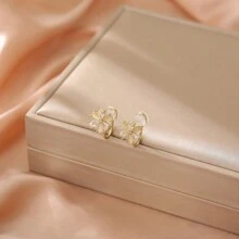 1 对非穿孔仿猫眼夹式耳环，新简约小花设计，优雅时尚的耳夹，适合女孩情人节、妈妈、母亲、母亲节、礼物的理想生日礼物 - 升級防掉款金黃色(貨號1539) - 查看 4