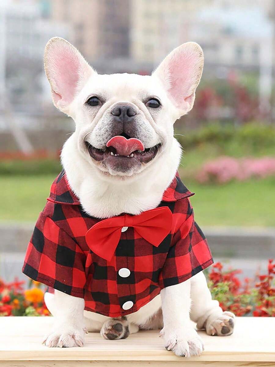1入紅黑色細格子蝴蝶結寵物襯衫，適用於小/中型貓狗，春夏季