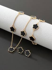 1 pieza Conjunto de joyería para mujer con colgante de trébol de la suerte simple y clásico, 1 pulsera, 1 pieza de aretes - Regalo de San Valentín - Negro - Ver 4
