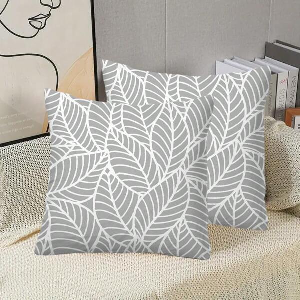2pcs Tropical Plants Minimalist Grey Leaves Printed Pillowcase Cover 45cm*45cm For Home Furniture Decor, Bedroom, Living Room, Swings, Bed, Sofa, Chair