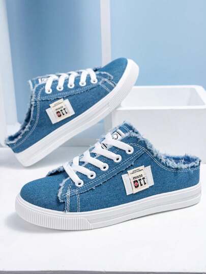 Women's Solid Canvas Slippers, Platform Round Toe All-Match Lace Up Breathable Slip On Shoes, Women's Footwear