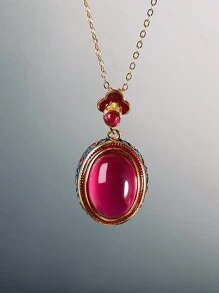 1pc  Agate Pendant With Antique Gold Craftsmanship, Ladies' Floral Enamel Design Luxurious Wedding Jewelry, Suitable For Daily Wear