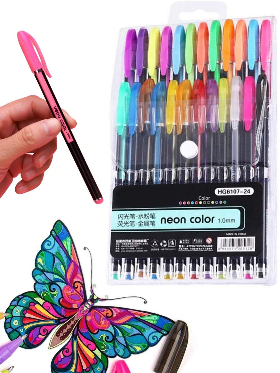 24 Plumas de gel Neón y Glitter de tinta Gouache bolígrafos 1.0 mm con estuche brillantes colores metalicos para colorear dibujar rellenar pintar marcadores set repuesto bola de rodillos pastel marcador oficina papelería escolar escuela útiles moda escolares escritorio escribir apuntar oficina colorear escritura glitter pastel metálico - Multicolor - Ver 1