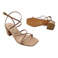 Sandalia Tacón Ancho Alto 6 Cm Tiras Delgadas Punta Cuadrada - Caqui - Ver 4