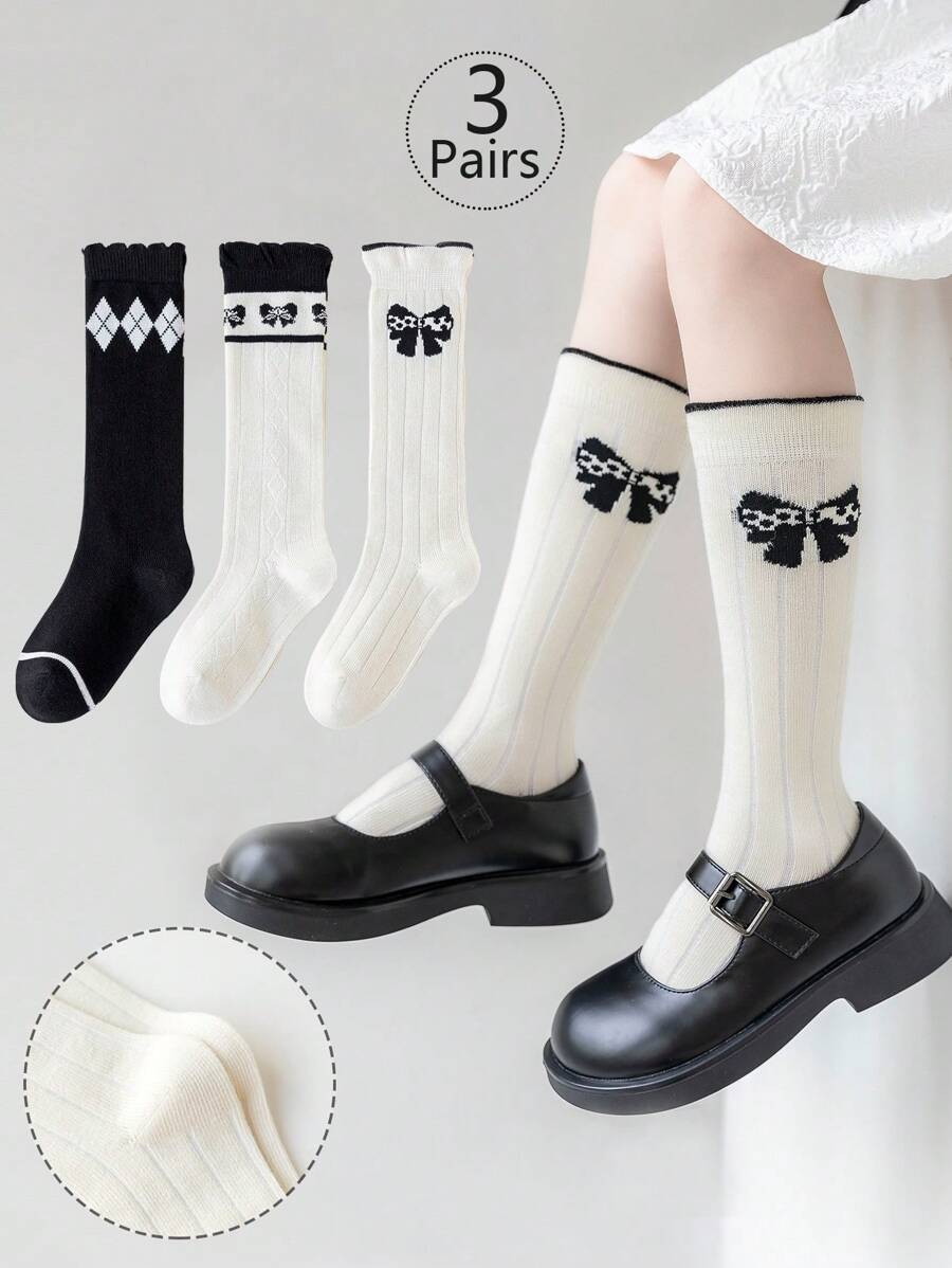 3双女童中筒袜,儿童长筒袜,纯色、撞色、多色、卡通蝴蝶结、菱形、条纹、荷叶边、公主风,中筒袜,夏季及四季皆宜,时尚可爱,百搭舒适,适合学生日常穿着,可搭配裙子、玛丽珍鞋,返校季,学生,新学期,开学季 - 彩色 - 查看 1