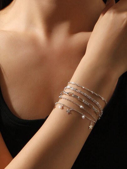 4pcs Fashionable Simple Pearl And Multiple Elements Chain Decorated Bracelets Set, Suitable For Women And Girls Daily Wear, Holiday, Dating And Gifts